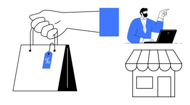 İndirim etiketli el çantası, dizüstü bilgisayar kullanan iş adamı, küçük mağaza çizimleri. E-ticaret, perakende, satış, çevrimiçi alışveriş, pazarlama, girişimcilik için ideal