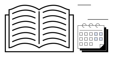 Asılan takvimin yanında üstü çizilmiş tarihlerle birlikte görünür satırlar olan açık bir kitap. Eğitim, programlama, organizasyon, iş akışı, öğrenme, strateji, kişisel gelişim için idealdir. Basit düz metafor