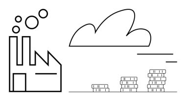 Gaz yayan fabrikalar, yukarıdaki bulutlar ve endüstriyel etkiyi, ekonomiyi ve sürdürülebilirliği simgeleyen madeni para yığınları. Ekonomi, endüstri, çevre, kirlilik büyüme finansmanı için ideal