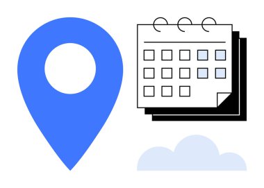 Basit bir takvimin yanında işaretlenmiş tarihli mavi konum işareti ve yanında bir bulut var. Zaman yönetimi, konum planlaması, olaylar, programlama, üretkenlik, organizasyon ve bulut için ideal