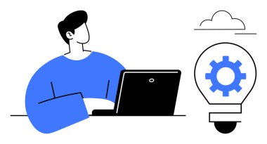 Bilgisayar başında çalışan kişi ampulün içindeki teçhizatla birlikte beyin fırtınası ve yeniliği sembolize ediyor. Yaratıcılık, takım çalışması, strateji, ilham, üretkenlik, planlama, problem çözme için ideal