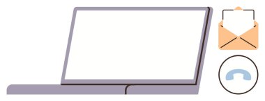 Bilgisayarı bir e-posta zarfı ve iletişimi, çevrimiçi mesajlaşmayı ve bağlantıyı temsil eden bir telefon simgesinin yanında aç. Dijital araçlar, iş akışı, uzaktan çalışma, ağ oluşturma ve teknoloji için ideal