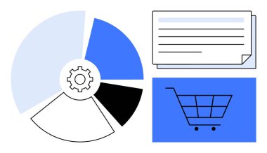 Daire çizelgesi, vites sembolü, alışveriş arabası ikonu ve belgeler. Analiz, finans, e-ticaret, teknoloji, verimlilik yönetimi pazarlaması için idealdir. Basit düz metafor