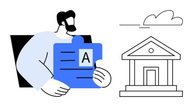 Minimalist bir hükümet binası illüstrasyonunun ve bulutun yanında mavi bir yapboz parçası tutan adam. Konseptler için ideal yönetim, eğitim, işbirliği, strateji