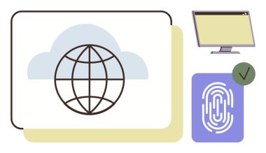 Küresel bağlantı için içerideki bulut, güvenlik için parmak izi ve dijital yönetim için monitör. Bulut depolama, siber güvenlik, küresel iletişim, dijital kimlik ve kullanıcı için ideal