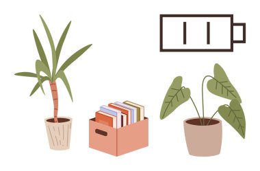 Saksı bitkileri, renkli kitaplar, gevşemeyi, kendine bakmayı, doğayı, öğrenmeyi temsil eden düşük pil sembolü. Refah, denge, farkındalık, eko-yaşam minimalizmi için ideal. Basit üretkenlik.