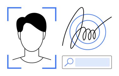 Yüz hatları tanımlama, dinamik dijital imza ve arama giriş alanı için çerçevelenmiş. Güvenlik, teknoloji, kimlik doğrulama, kimlik tespiti, dijital çözümler, veri erişimi için ideal basit