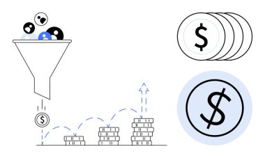 Müşteri dönüştürme hunisi kâra yol açar, madeni paralar yukarı doğru istiflenir gelir artışını sembolize eder. Pazarlama, satış, finans, iş stratejisi, yatırım, dönüşüm optimizasyonu için ideal basit