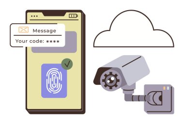 Biyometrik doğrulamalı mobil cihaz, güvenlik kodu bildirimi, güvenlik kamerası ve bulut. Siber güvenlik, veri koruması, çevrimiçi güvenlik, teknoloji, kimlik doğrulama gizliliği için ideal