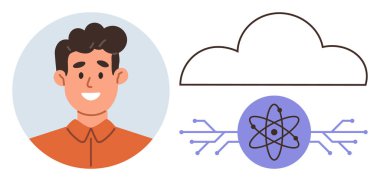 Bulut çizgisi ve atomik devre sembolünün yanında gülümseyen adam portresi, basit bir düz metaforda yenilik, teknoloji, yapay zeka, bilim, veri depolama, bağlantı ve dijital dönüşümü temsil eder.