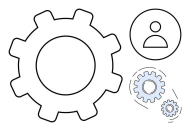 Büyük vites, küçük vitesler ve takım çalışması, süreç, sistem ve kullanıcı entegrasyonunu temsil eden kullanıcı simgesi. Teknoloji, işbirliği, iş akışı yenilikçiliği yönetim mühendisliği ve basit