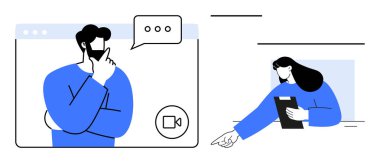 Videodaki adam, elinde tablet olan kadın bir görevi işaret ederken konuşma balonuyla kafa patlatıyor. Takım çalışması, iletişim, beyin fırtınası, işbirliği, uzaktan çalışma, proje planlaması için ideal