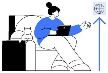 Oturan bir kadın dizüstü bilgisayarda çalışır, yukarı doğru ok atan bir küreye doğru hareket eder. Kedi yakınlarda dinleniyor. Teknoloji, uzaktan çalışma, iletişim, ağ, esneklik, yenilik için ideal