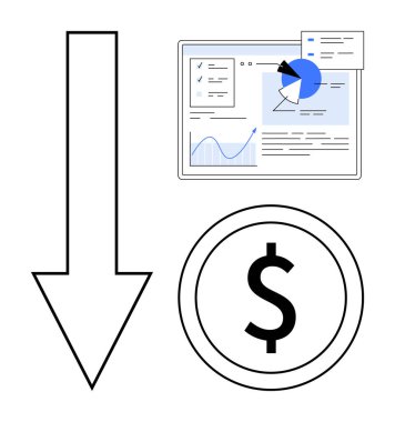 Analitik gösterge paneli ve para birimi sembolünün yanındaki aşağı doğru ok finansal çöküşü temsil ediyor. İş analizi, finans, yatırım, ekonomi, bütçe, strateji, basit iniş sayfası için ideal