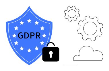 GDPR kalkanı veri korumasını simgeliyor, siyah kilit güvenliği vurguluyor, bulut ve vites dijital süreçleri işaret ediyor. Gizlilik yasaları, hukuk hizmetleri, bilişim güvenliği, bulut depolama, veri uyumları için ideal