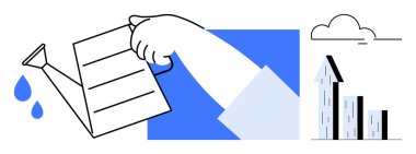 El ele tutuşmak, bulutların altındaki yukarı doğru ok ile soyut grafik çubuklarını beslemek. Yatırım, büyüme, iş stratejisi, mali başarı, hedef başarı, sürdürülebilirlik, basit