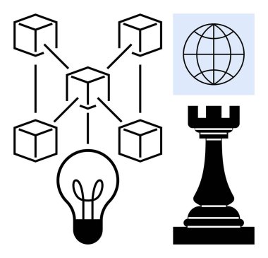 Birbirine bağlı küplerle blok zinciri diyagramı, yenilik için ampul, küresel bağlantı için küre ve strateji için satranç kalesi. Teknoloji için ideal, engelleme zinciri, yenilik, küresel iş