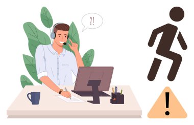 Masada bitkilerle çalışan kulaklık takan bir adam uyarı işaretlerine ve soyut çalışan figürlere tepki veriyor. Müşteri desteği, kriz, hızlı yanıt, iletişim, aciliyet, stres, iş akışı için ideal