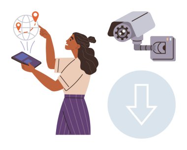 Kadın tableti küresel konum takibi, güvenlik kamerası ve indirme sembolü ile çalıştırıyor. Teknoloji, güvenlik, dijital araçlar, navigasyon, veri paylaşımı, yenilik için ideal