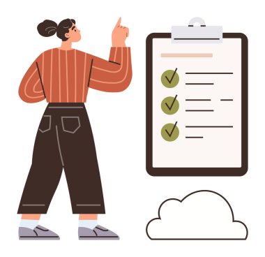 Kontrol listesi ve işaretli panoya işaret eden kadın figürü, organizasyon ve ilerlemeyi öneriyor. Planlama, üretkenlik, hedefler, proje yönetimi, görev izleme, eğitim, odaklanma için ideal