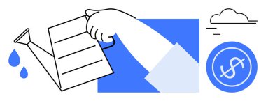 El ele tutuşmalar büyümeye ilham vermek için damlalar, yatırımı simgeleyen dolar işaretleri ve bulutların genel giderlerini simgeliyor. Finans, sürdürülebilirlik, beslenme, gelecek, zenginlik, başarı gelişimi için ideal