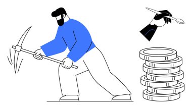 Kazma ve kazma, kripto para madenciliğini sembolize eden bozuk paraların yanında. Dijital sanat yaratmak için el ele tutuşmak. Engelleme zinciri, madencilik, finans, dijital ekonomi ve teknoloji için ideal