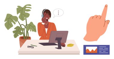 Bilgisayar, bitki ve yapışkan notlarla dolu bir masada çalışırken kulaklık kullanan bir yardımcı ajan. El hareketi ve çizelgesi yardımı, geri bildirimi ve iletişimi sembolize eder. Destek ve hizmet için ideal