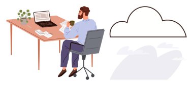 Masasında dizüstü bilgisayarı, kağıdı, kahvesi, bulutları olan biri var. Uzaktan çalışma, bulut hesaplama, veri depolama, yaratıcılık beyin fırtınası iş-yaşam dengesi için idealdir. Basit düz