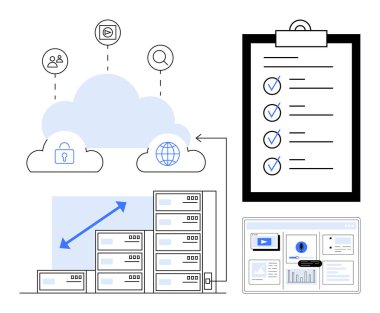 Bulut bağlantısı, sunucular, kontrol listesi, analitik gösterge paneli ve güvenli depolama vurgusu veri yönetimi ve bağlantı. Teknoloji, organizasyon, bulut, analitik depolama güvenliği için ideal
