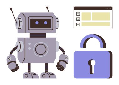 Büyük bir asma kilit ve kontrol listesi arayüzünün yanında dost canlısı bir robot figürü. Teknoloji için ideal, siber güvenlik, otomasyon, yapay zeka, çevrimiçi güvenlik, dijital araçlar, basit düz metafor