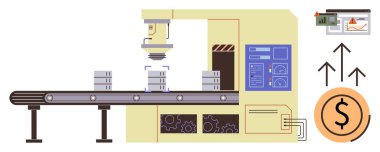 Taşıma bandı, büyüme grafiği ve kar artışı üzerinde ürünleri olan robotik makineler kullanarak üretim süreci. Otomasyon, endüstri, verimlilik, yenilik, teknoloji ve finans için ideal