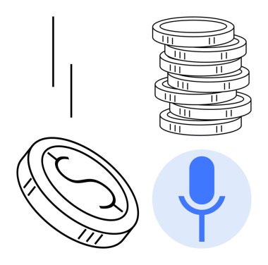 Dijital para, birikmiş para ve ses bazlı işlemleri gösteren mikrofon. Finans, teknoloji, yenilik, fintech, ses tanıma, sanal ödeme için ideal düz metafor