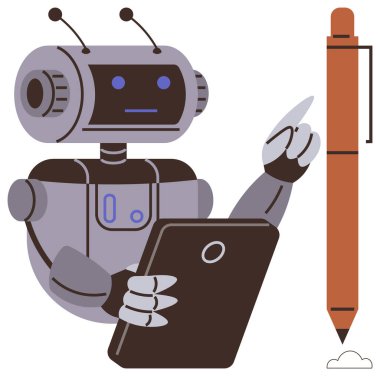 Robot büyük bir kalemle işaret ederken tabletle etkileşime giriyor, yaratıcılığı, otomasyonu ve teknolojiyi sembolize ediyor. Teknolojik yenilik, yapay zeka, eğitim, üretkenlik, gelecekteki kavramlar için ideal