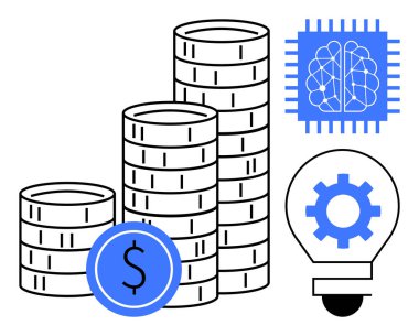 Yığınla bozuk para, sinirsel bağlantıları olan bir mikroçip ve bir ampulün içindeki ekipman finansal başarıyı, teknolojik gelişimi, yeniliği, yapay zeka destekli çözümleri iletir. Finans için ideal