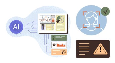 Grafikleri, veri analizi olan yapay zeka paneli ve kullanıcı doğrulama ve uyarı alarmını gösteren yüz tanıma modülü. Teknoloji, yapay zeka, yenilik, analitik, güvenlik, veri eğilimleri ve otomasyon için ideal