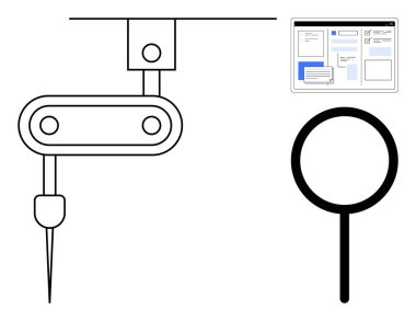 Net bir enstrümana sahip robot kol, verileri gösteren ekran ve odağı renklendiren büyüteç. Yenilik, otomasyon, teknoloji, araştırma, mühendislik analitik izleme için ideal. Basit düz