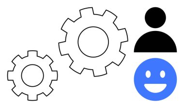 Birbirine kenetlenmiş iki vites, bir kişi simgesi ve gülümseyen bir yüz takım çalışması, üretkenlik, kullanıcı memnuniyeti, servis optimizasyonu, problem çözme, iş akışı ve basit bir iniş sayfasını temsil eder.