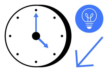 Zamanı gösteren okları olan bir saat, yeniliği temsil eden bir ampul ve aşağıya bakan mavi bir ok. Zaman yönetimi, programlama, beyin fırtınası, üretkenlik, verimlilik, yaratıcılık için ideal