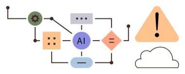 Düğümler, dişliler, bağlantılar, bulut ve alarm işaretleriyle yapay zeka işlemi. Yapay zeka, yenilik, teknoloji ağı veri analizi problem çözme otomasyonu için idealdir. Net ve basit düz metafor