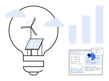 Bulutlar ve çubuk grafiklerle çevrili rüzgar türbini ve güneş paneli içeren ampul. Analitik arayüz çizelge ve raporları gösteriyor. Sürdürülebilirlik, temiz enerji ve yenilik için ideal