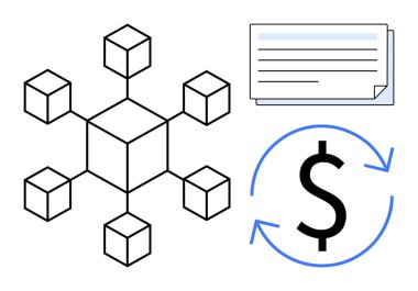 Küpleri birbirine bağlayan blok zinciri diyagramı, dolar işareti ile finansal işlem döngüsü ve katmanlı veri belgesi. Finans, teknoloji, engelleme zinciri, veri yönetimi, iş dünyası ve ademi merkeziyet için ideal