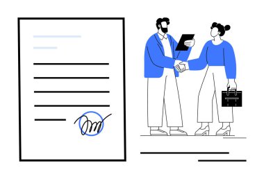 İki profesyonel arasında el sıkışma, kalem darbesiyle imzalanmış belge. Ortaklık, sözleşme, anlaşma, takım çalışması, başarı, müzakere iletişimi için ideal. Basit bir düz metafor olarak kullanılıyor