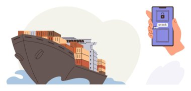 Yük gemisi, sakin dalgaların üzerine istiflenmiş konteynırlar taşıyor. Kilitli bir ekranla akıllı telefonu tutan bir elin yanında. Nakliye lojistiği, tedarik zinciri, küresel ticaret, dijital yenilik için ideal