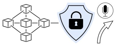 Siber güvenliği temsil eden bir kalkanın üzerindeki kilit simgesine bağlı blok zinciri yapısı, ses etkinleştirmesi için bir mikrofon ve büyümeyi gösteren yukarı doğru bir ok. Teknoloji ve güvenlik için ideal