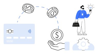 Kart ve el arasında para transferi, ampullü iş adamı, fikirleri vurgulayan dişli, yenilik, ödeme sistemleri. Fintech, ecommerce, bankacılık, girişimcilik yenilik fikirleri için ideal
