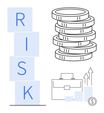 Yığılmış madeni paralar, RISK blokları ve yukarı bakan oklar ve bir evrak çantası mali planlama, yatırım, büyüme, risk yönetimi, zenginlik yaratma, tasarruf ve iş geliştirmeyi temsil ediyor. Basit.