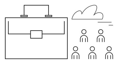 Evrak çantası simgesi altı kişilik bir grup ve dekoratif bir bulutla eşleştirildi. İşbirliği, takım çalışması, liderlik, organizasyon, yönetim, şirket kültürü ve basit iniş sayfası için ideal