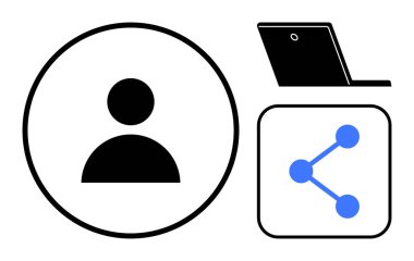 Kullanıcı profili çemberi, dizüstü bilgisayar grafiği ve mavi paylaşım simgesi ağ, iletişim, takım çalışması, teknoloji erişimi, bilgi alışverişi, sosyal medya ve basit iniş sayfasını vurguluyor