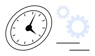 Eğimli dişli ve hareket çizgileri olan analog saat hız ve ilerlemeyi gösteriyor. Zaman yönetimi, verimlilik, verimlilik, iş akışı, organizasyon, teslim tarihleri, takım çalışması için ideal. Basit düz metafor