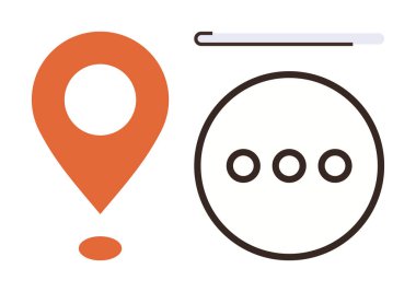 Turuncu navigasyon pimi, siyah çemberde üç nokta ve yükleme çubuğu. Konum, ilerleme, iletişim, mesajlaşma, yükleme durumu görevleri için ideal. Basit düz metafor